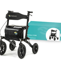 Helavo Foldable All Terrain Walker with Seat - Black - Outdoor Walker for Seniors with Large 12" Pneumatic Tires for Maximum Comfort on All Surfaces