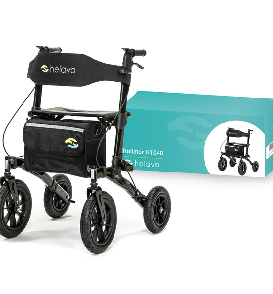 Helavo Foldable All Terrain Walker with Seat - Black - Outdoor Walker for Seniors with Large 12" Pneumatic Tires for Maximum Comfort on All Surfaces