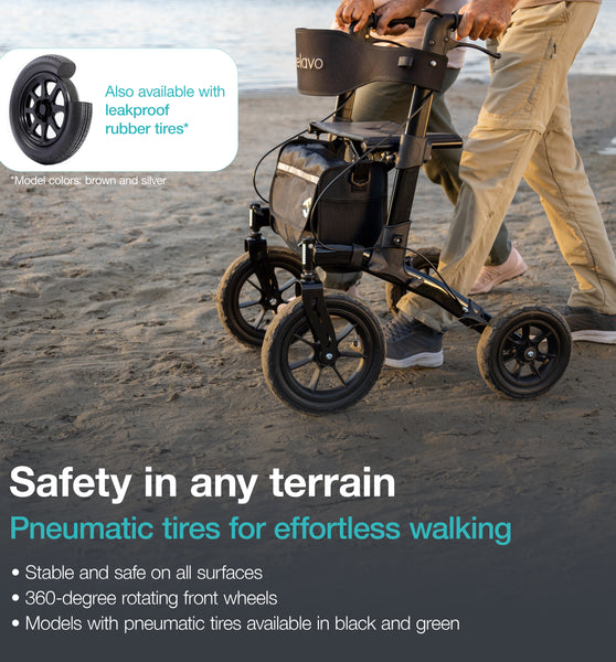 Helavo Foldable All Terrain Walker with Seat - Black - Outdoor Walker for Seniors with Large 12" Pneumatic Tires for Maximum Comfort on All Surfaces