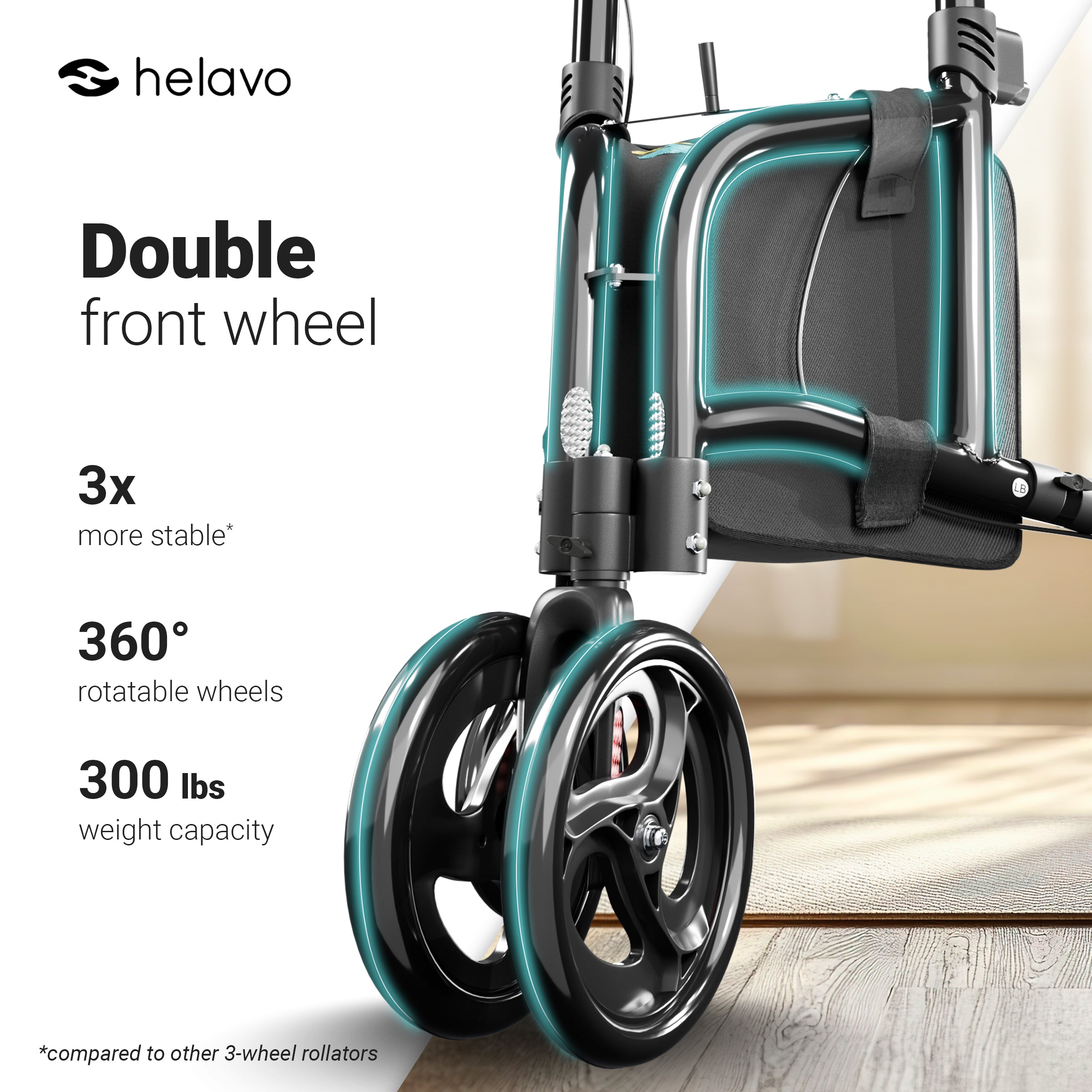 Narrow 3 Wheel Rollator with Double Front Wheels H1080 Black