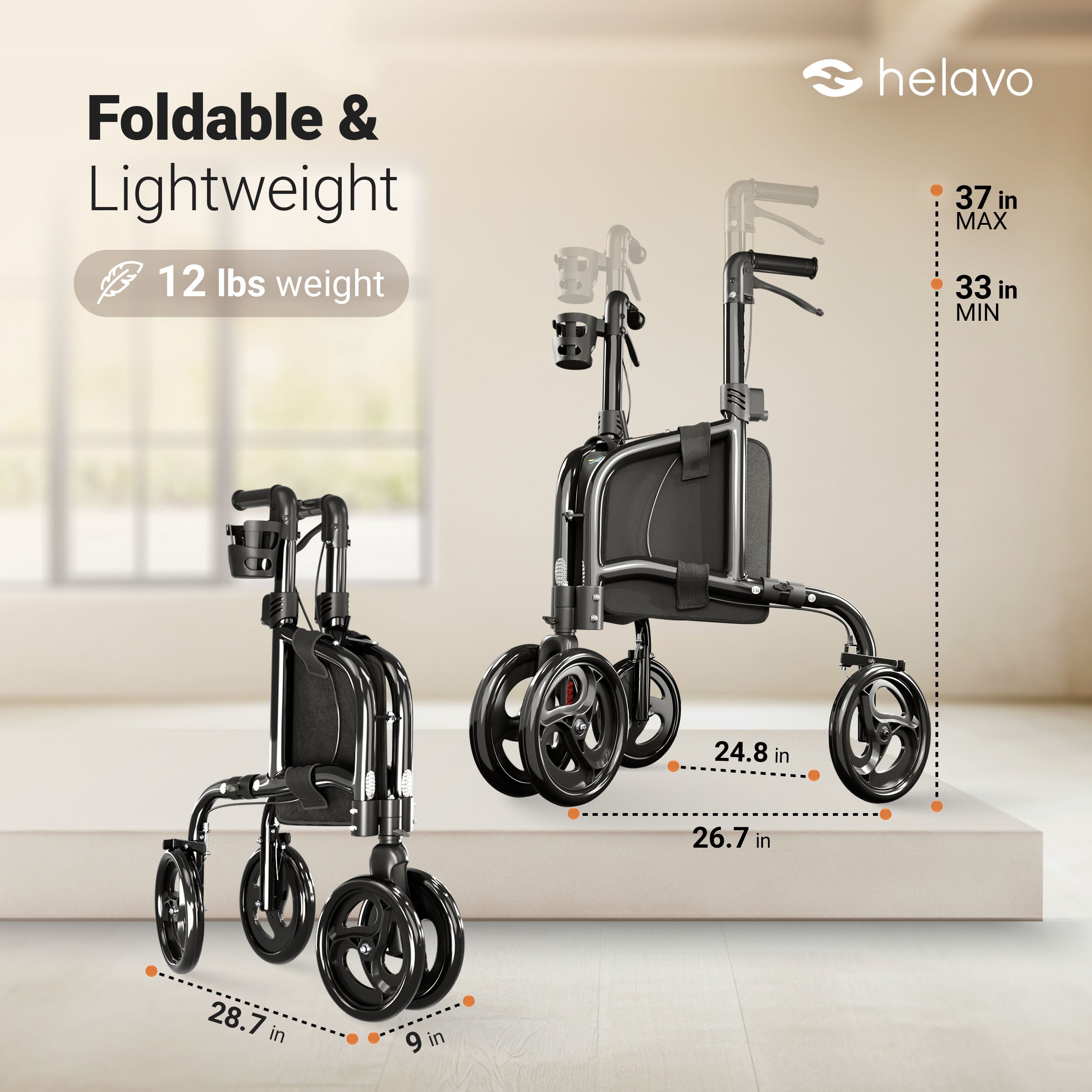 Narrow 3 Wheel Rollator with Double Front Wheels H1080 Black