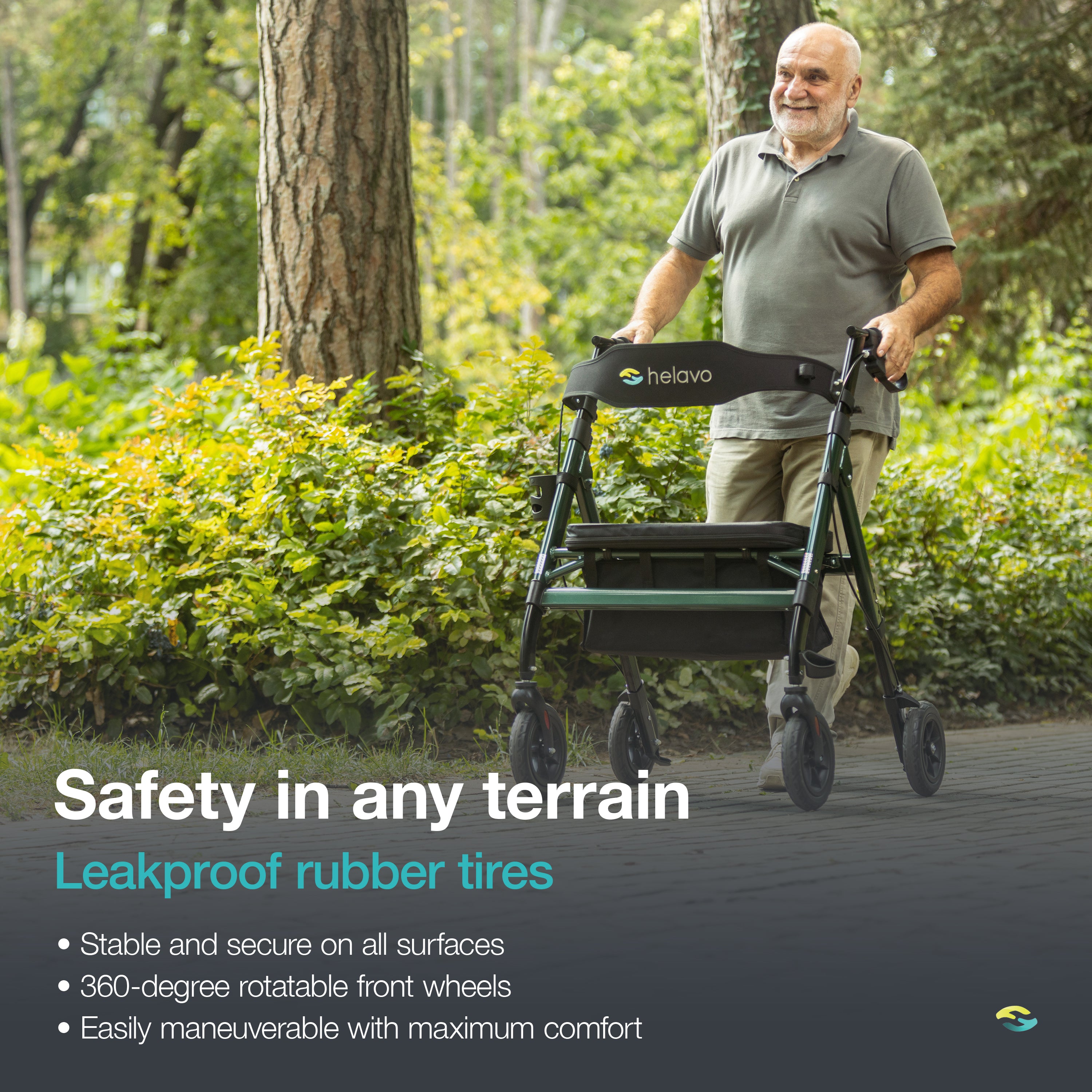 Outdoor Extra Wide Heavy-Duty Rollator with Puncture-Proof Solid Rubber Tires H1150 Green