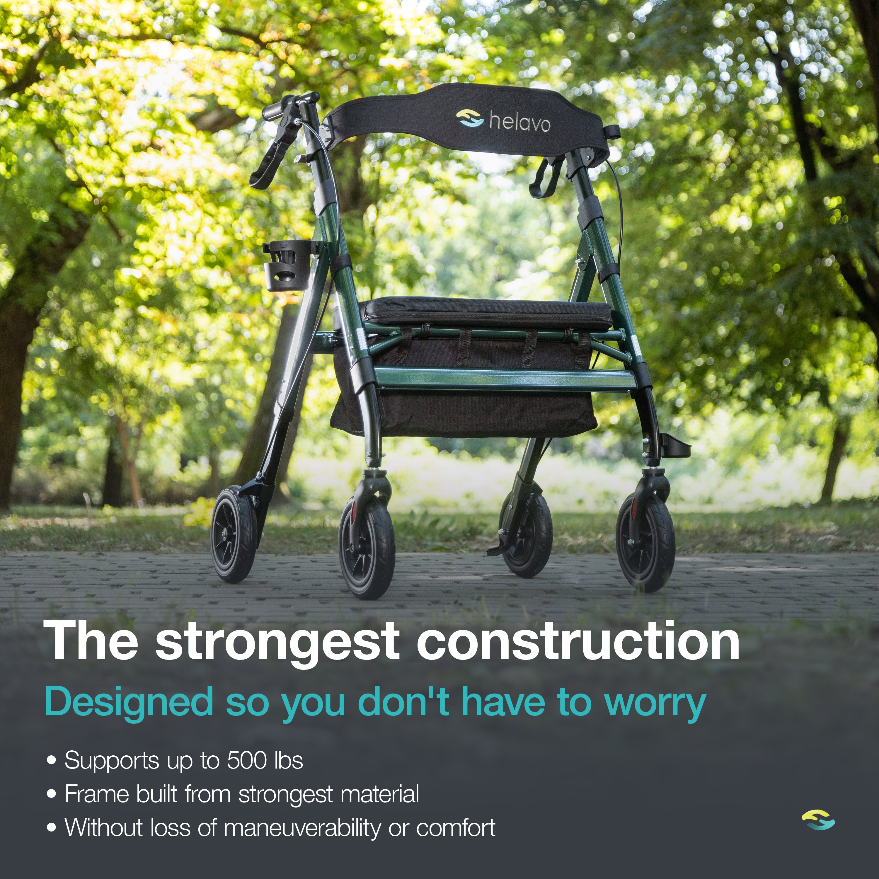 Outdoor Extra Wide Heavy-Duty Rollator with Puncture-Proof Solid Rubber Tires H1150 Green