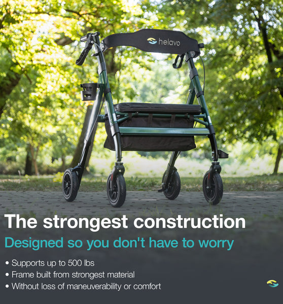 Helavo Heavy Duty All Terrain Walker - Extra Wide Bariatric Outdoor Rollator for Seniors - 500 lbs Weight Capacity