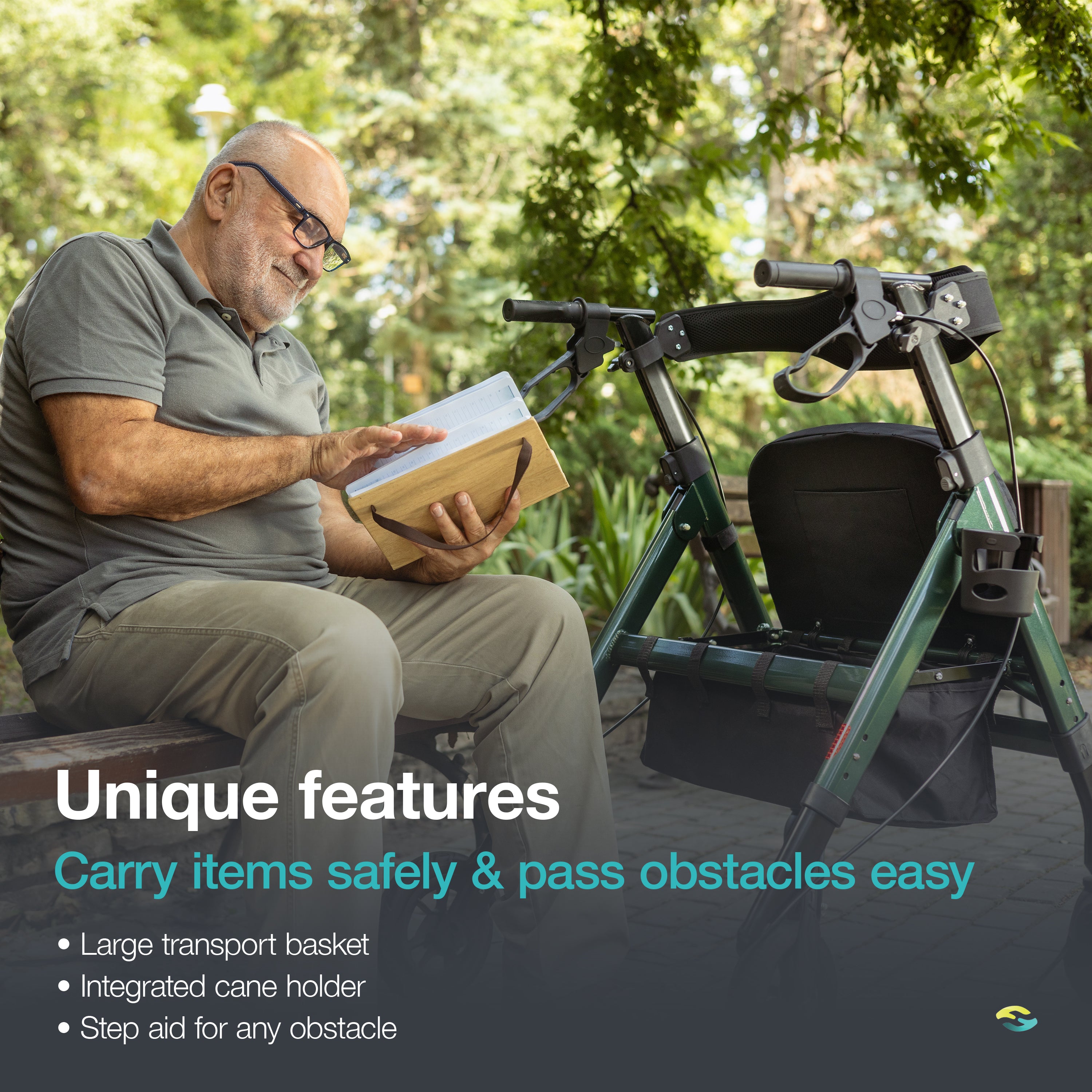 Outdoor Extra Wide Heavy-Duty Rollator with Puncture-Proof Solid Rubber Tires H1150 Green