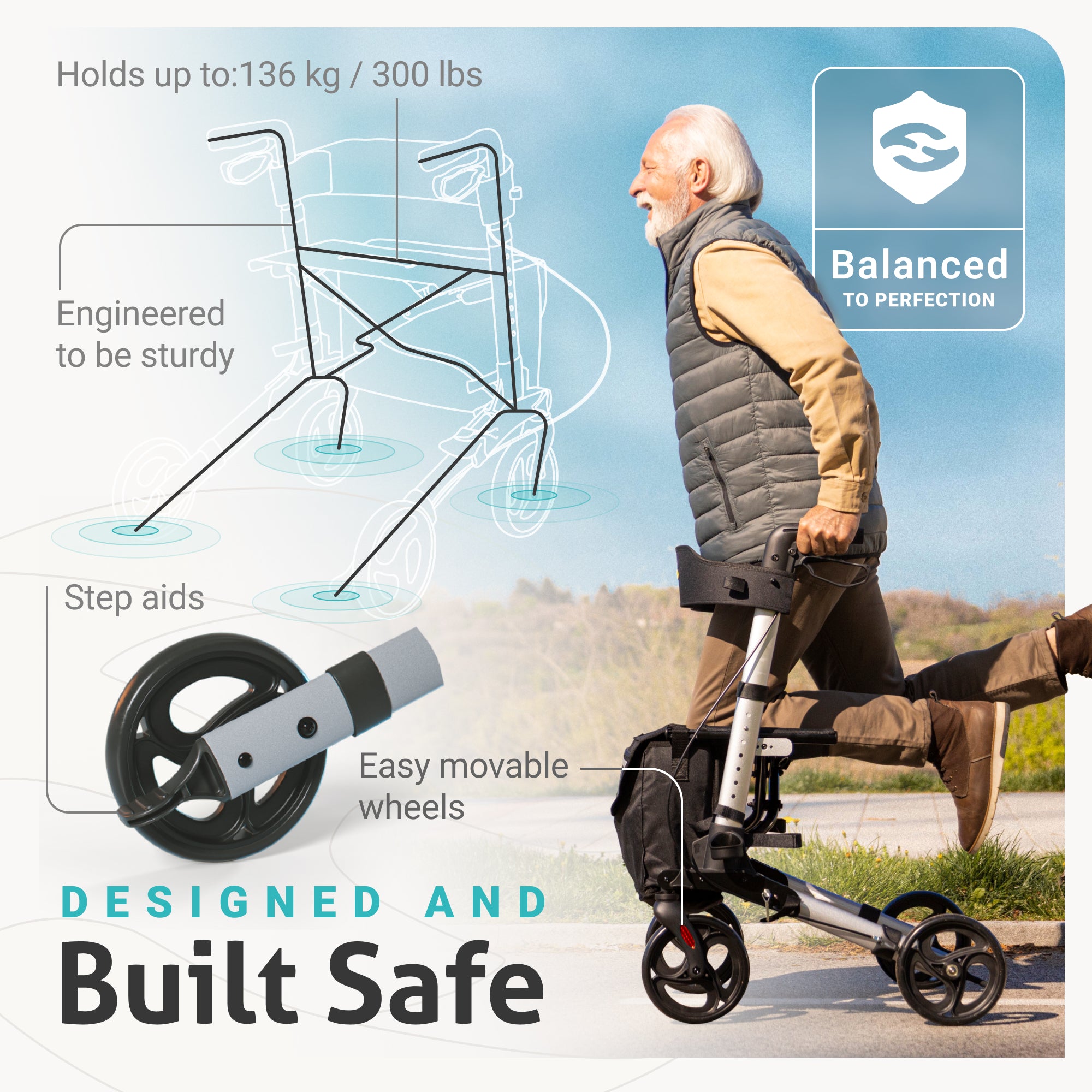 Foldable premium rollator - Silver - lightweight aluminum - maximum mo ...